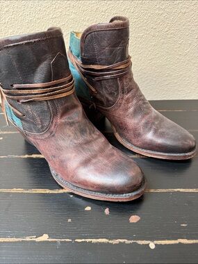 Stetson Brown Leather Ankle Boots with Teal Back Panel